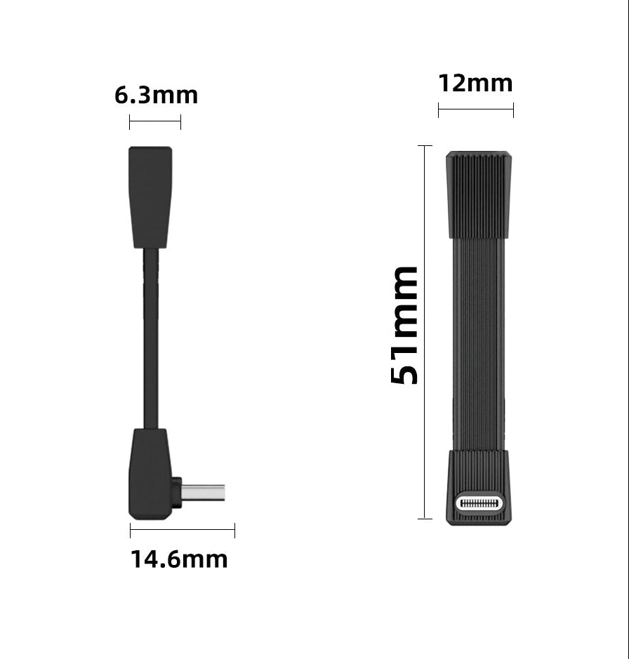 Black Type-C cable with specifications and dimensions on a white background