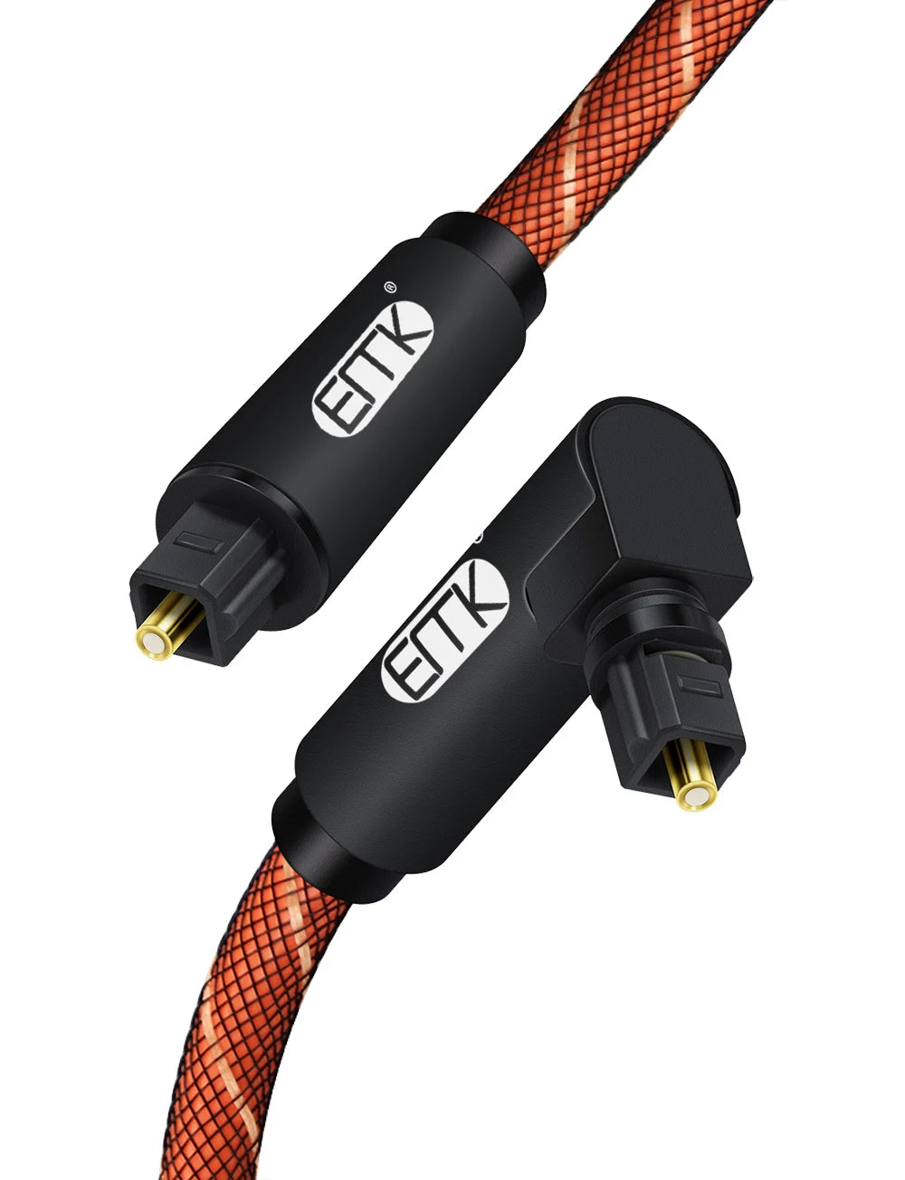 Close up view of rotatable right angle TOSLINK optical cable connectors