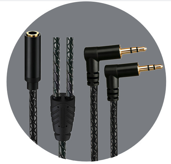 wo right-angle TRS male plugs, a female socket and braided Y-junction shown against a grey background