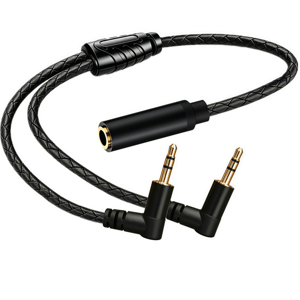 Black braided 0.3m TRS Y-splitter cable with a straight female socket and two angled male plugs