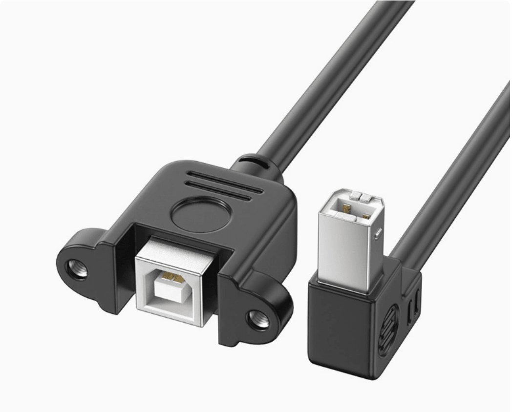 USB 2.0 Type-B extension cable showing down-angle male and panel mount female connectors.