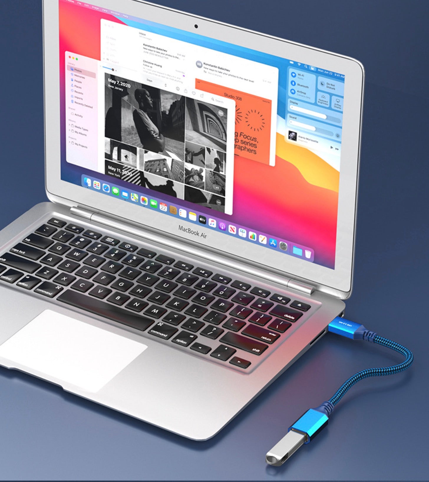 USB 3.0 extension cable connected to a laptop for high speed data transfer