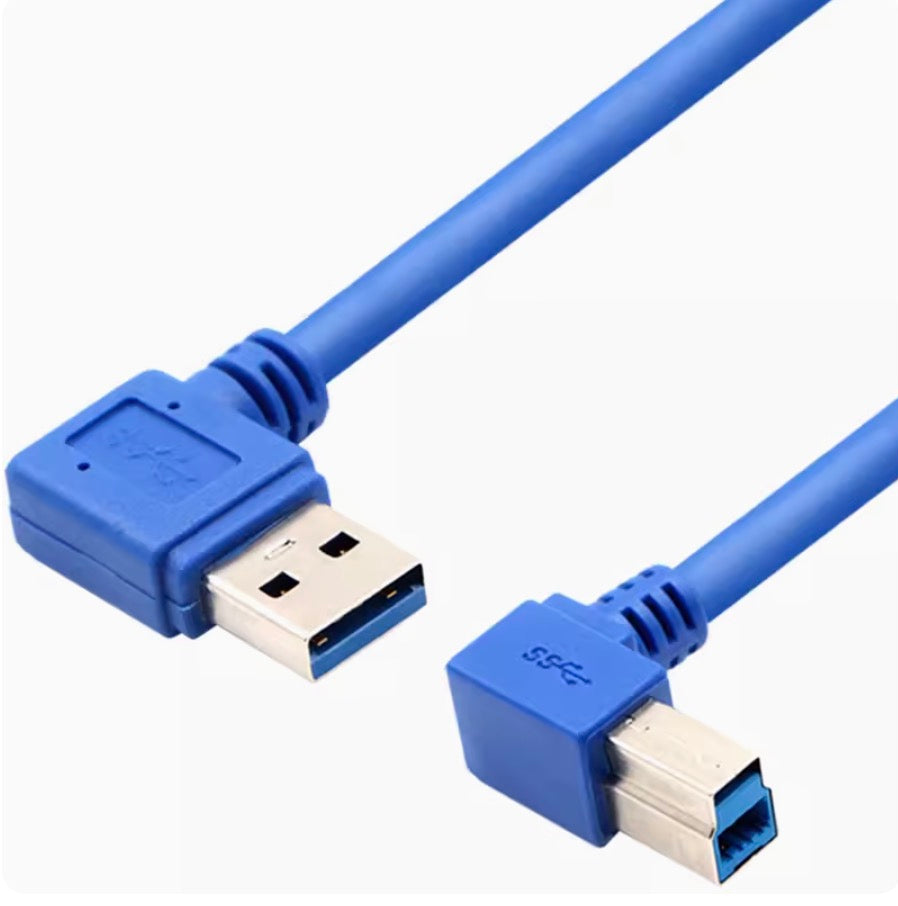 USB 3.0 Type-A left angle male to USB 3.0 Type-B right angle male printer cable with blue cable jacket