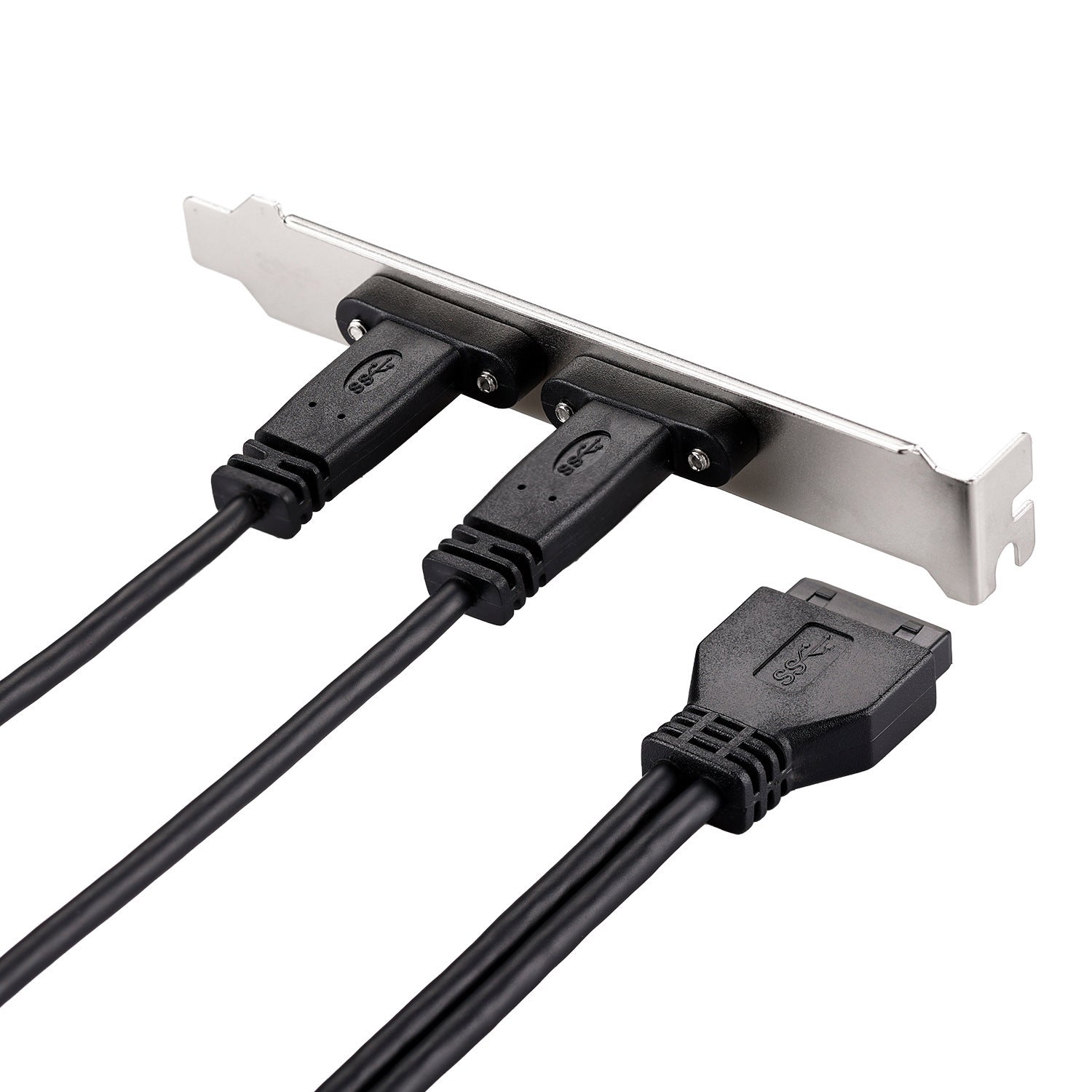 Cable management tray with black cables on a white background
