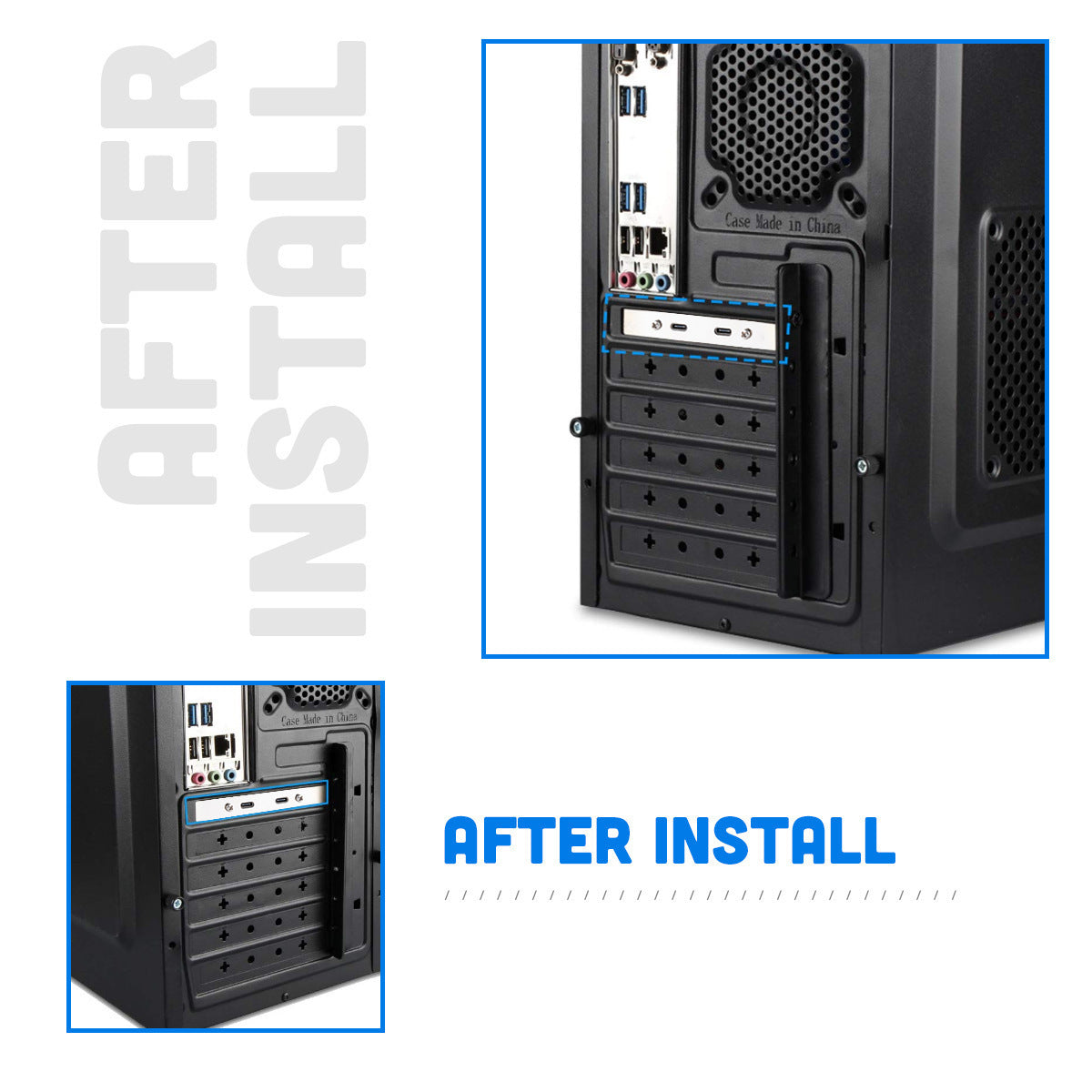 Computer case with open side panel showing internal components, labeled 'After Install'.
