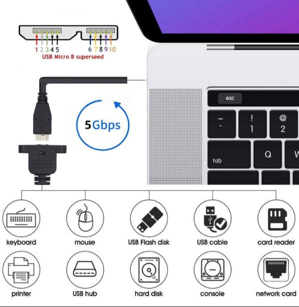 Laptop with USB cable connected, showing connectivity options.