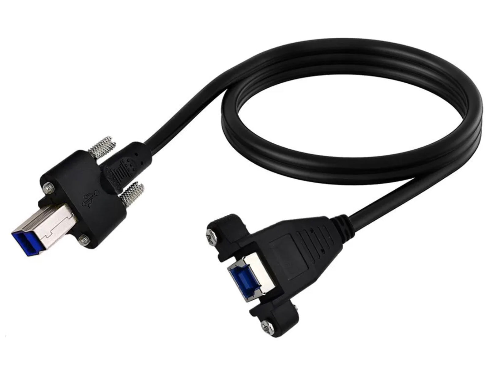 USB 3.0 Type-B panel mount extension cable showing complete cable assembly and connector design