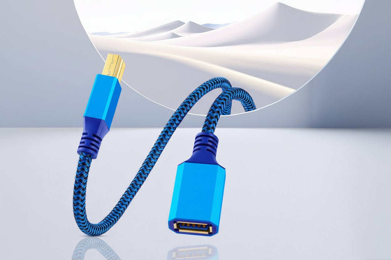 Blue braided cable with connectors on a light gray background