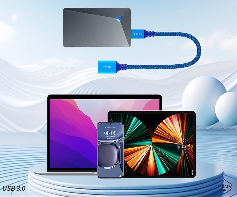USB extension cable with electronic devices on a blue background