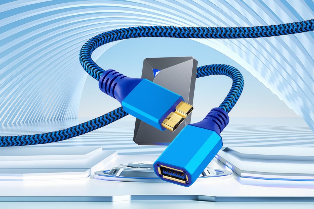 Blue USB 3.0 cable with connectors on a light blue background
