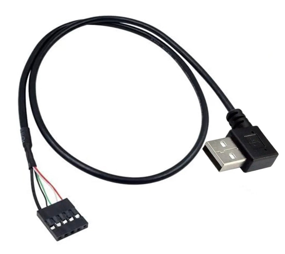 USB Type-A left angle male to 5 pin female motherboard header cable showing complete cable assembly