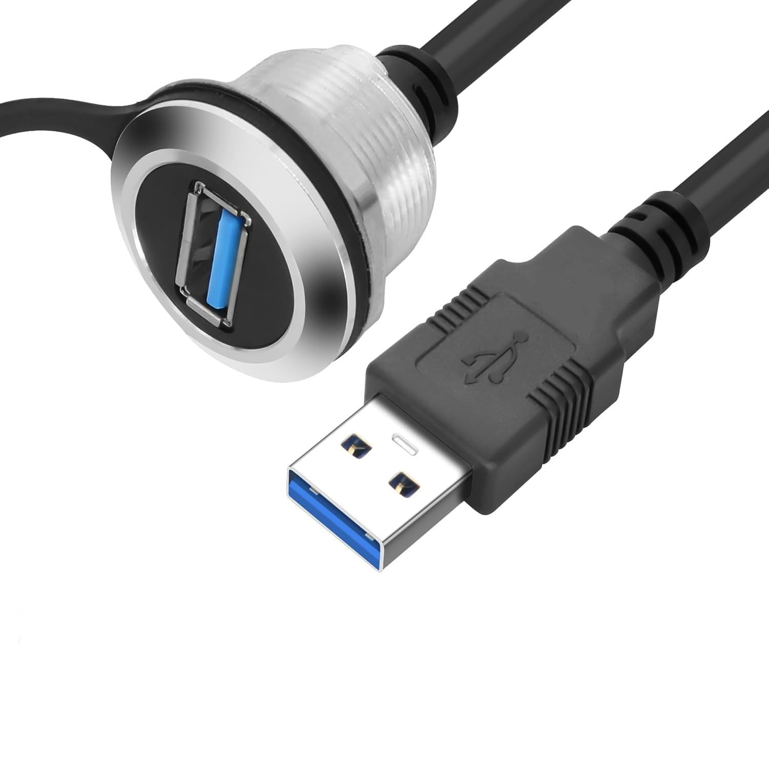 A close-up of a black USB cable with a circular silver and black USB-A connector and a black USB-A plug, shown on a white background with Chinese text below.