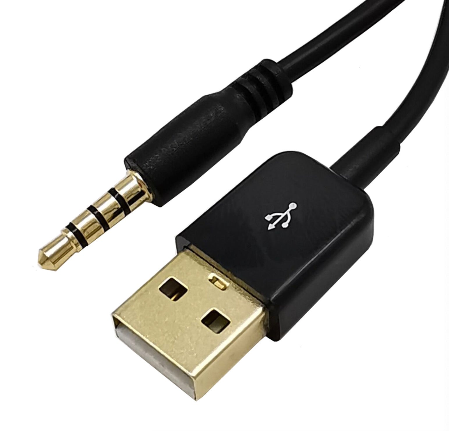 Close-up view of USB Type-A connector and 3.5mm 4 pole charging plug on black charging cable