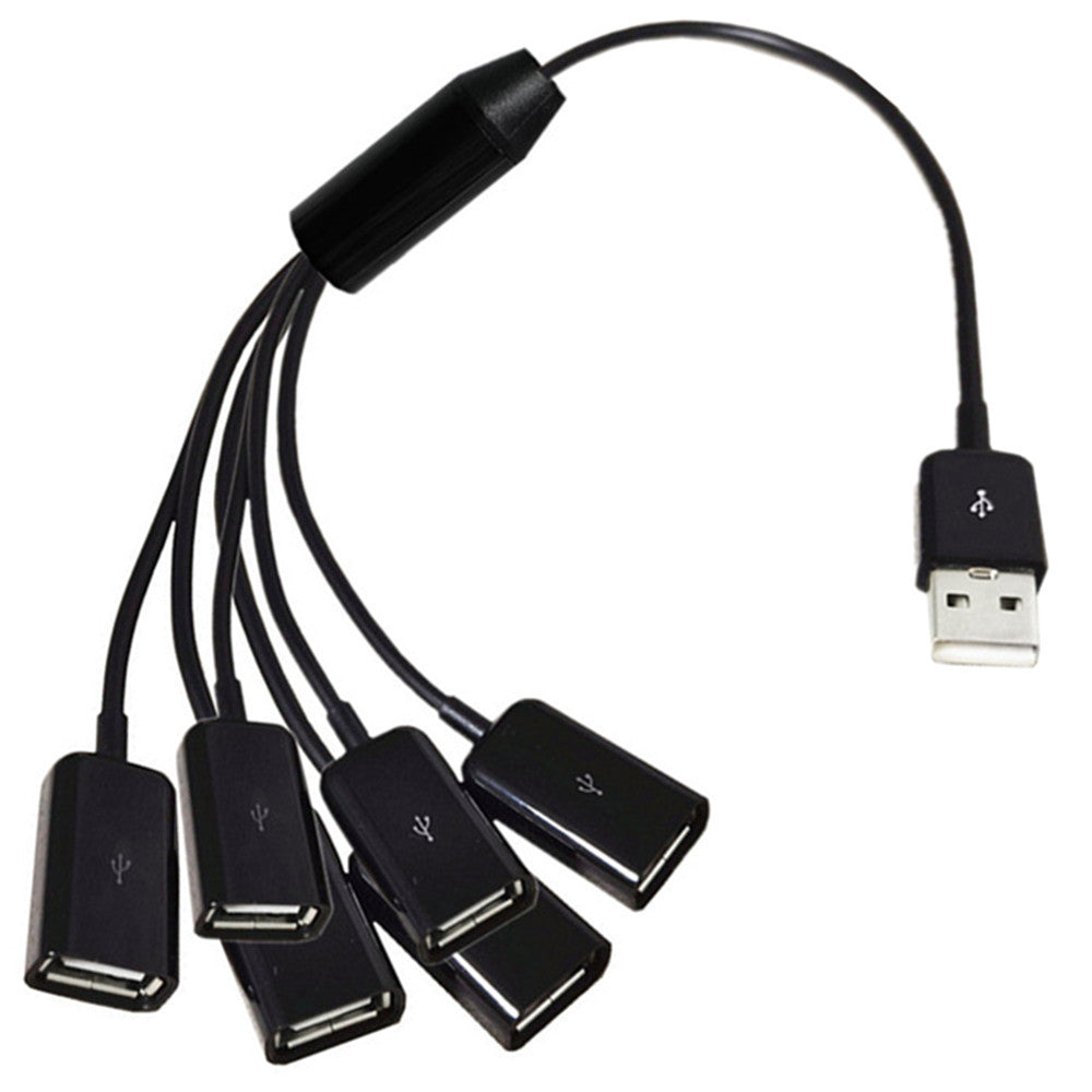 A black USB 2.0 A Male to 6 USB 2.0 Female splitter cable, 0.5m in length.