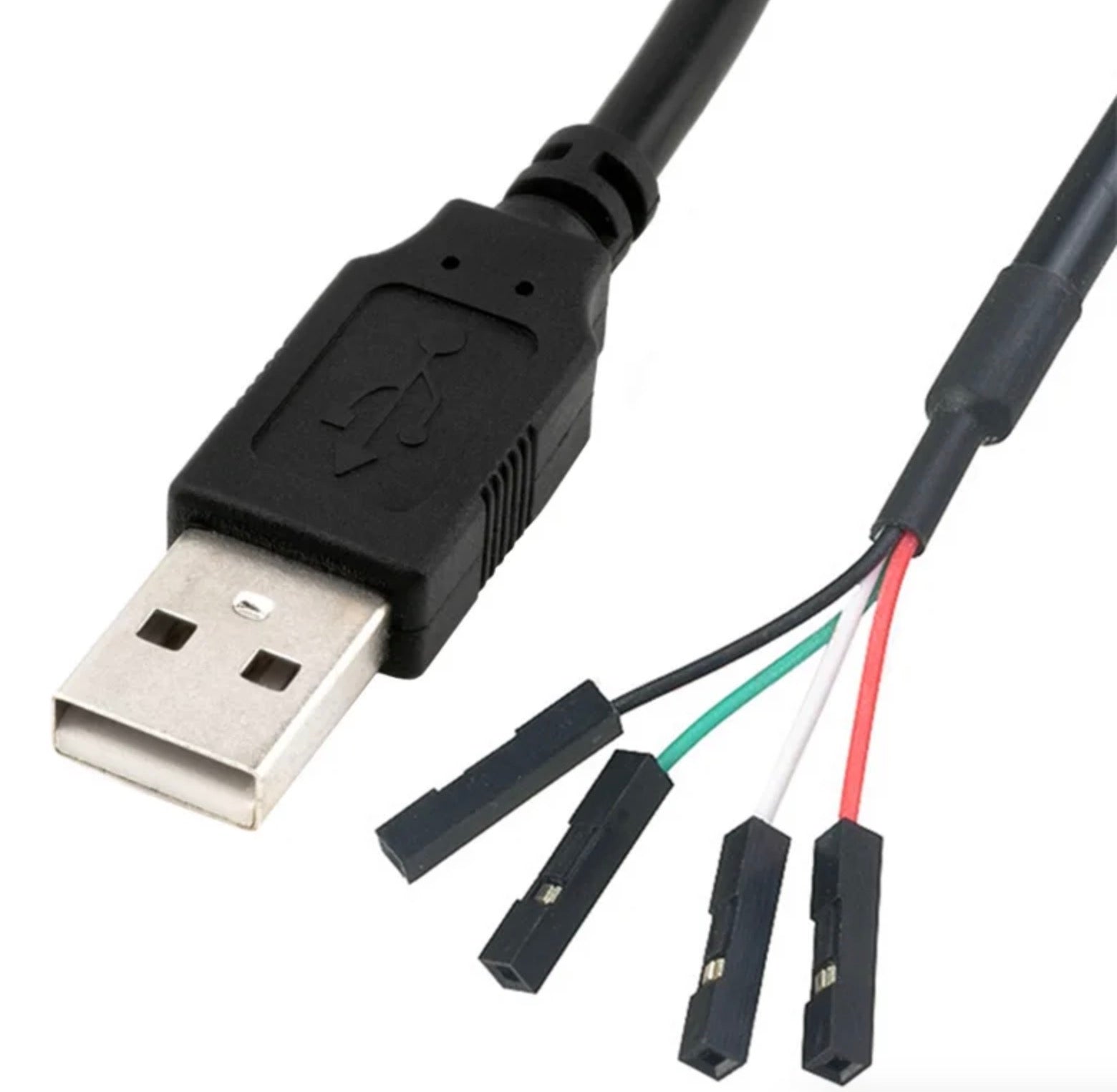USB Type-A connector and 4 x 1 pin Dupont female header cable showing individual wire connections