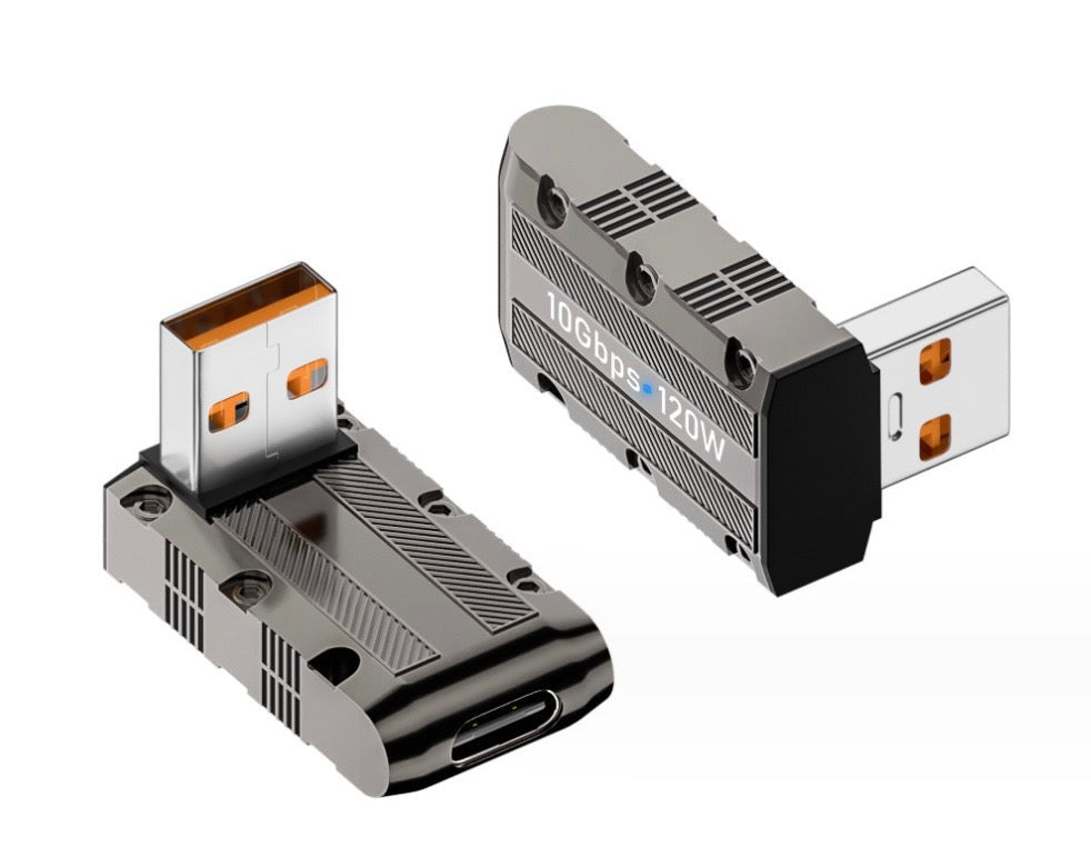 USB 3.0 A male to USB C female down angle adapter supporting 120W charging and 10Gbps transfer speeds