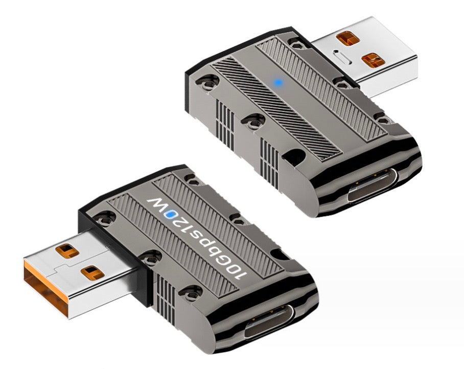 USB 3.0 A male to USB C female right angle adapter supporting 120W charging and 10Gbps transfer speeds