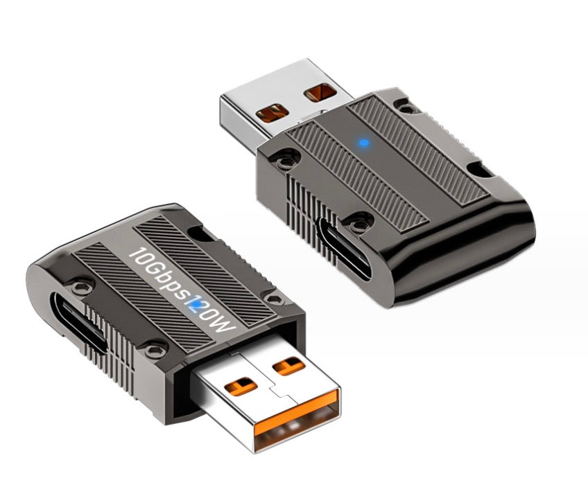 USB 3.0 A male to USB C female slim adapter supporting 120W charging and 10Gbps transfer speeds