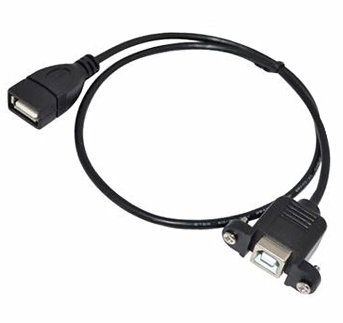 USB Type-B female panel mount to USB Type-A female extension cable showing complete cable assembly