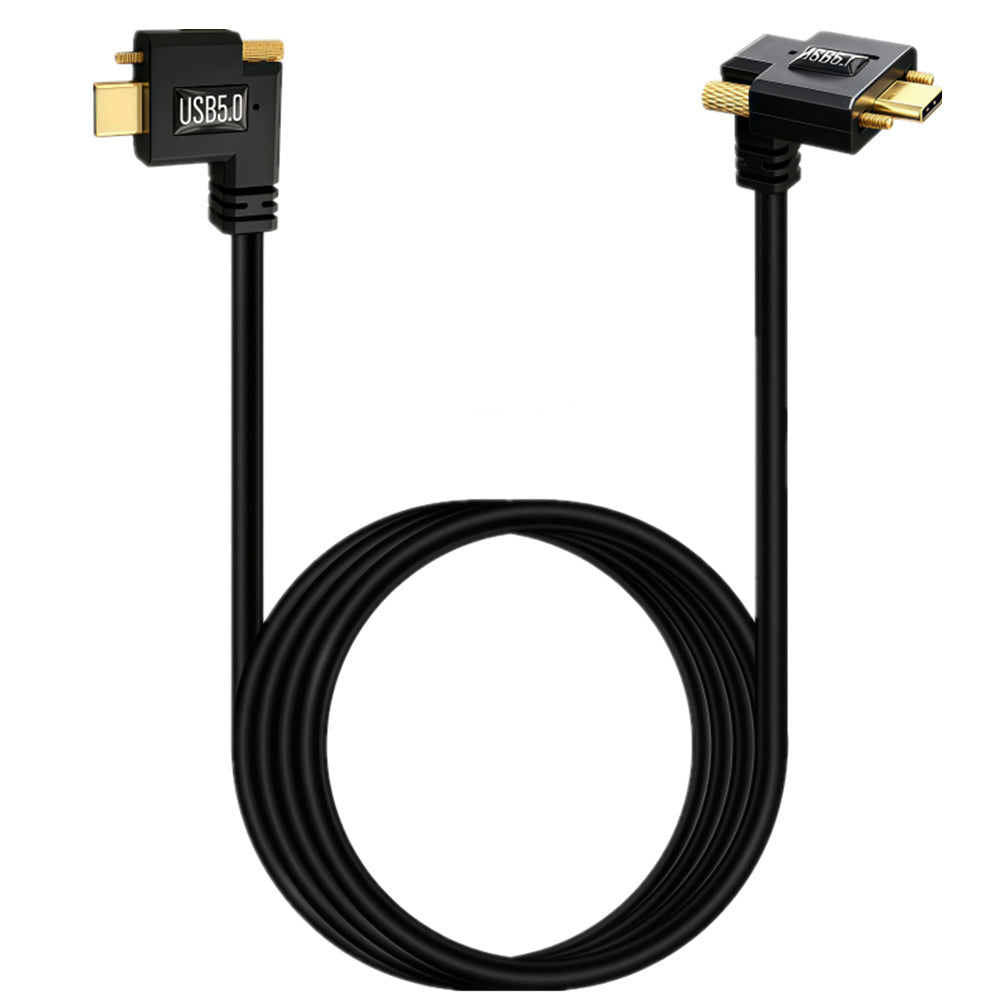 USB-C 240W right-angle locking cable with dual and single screw connectors