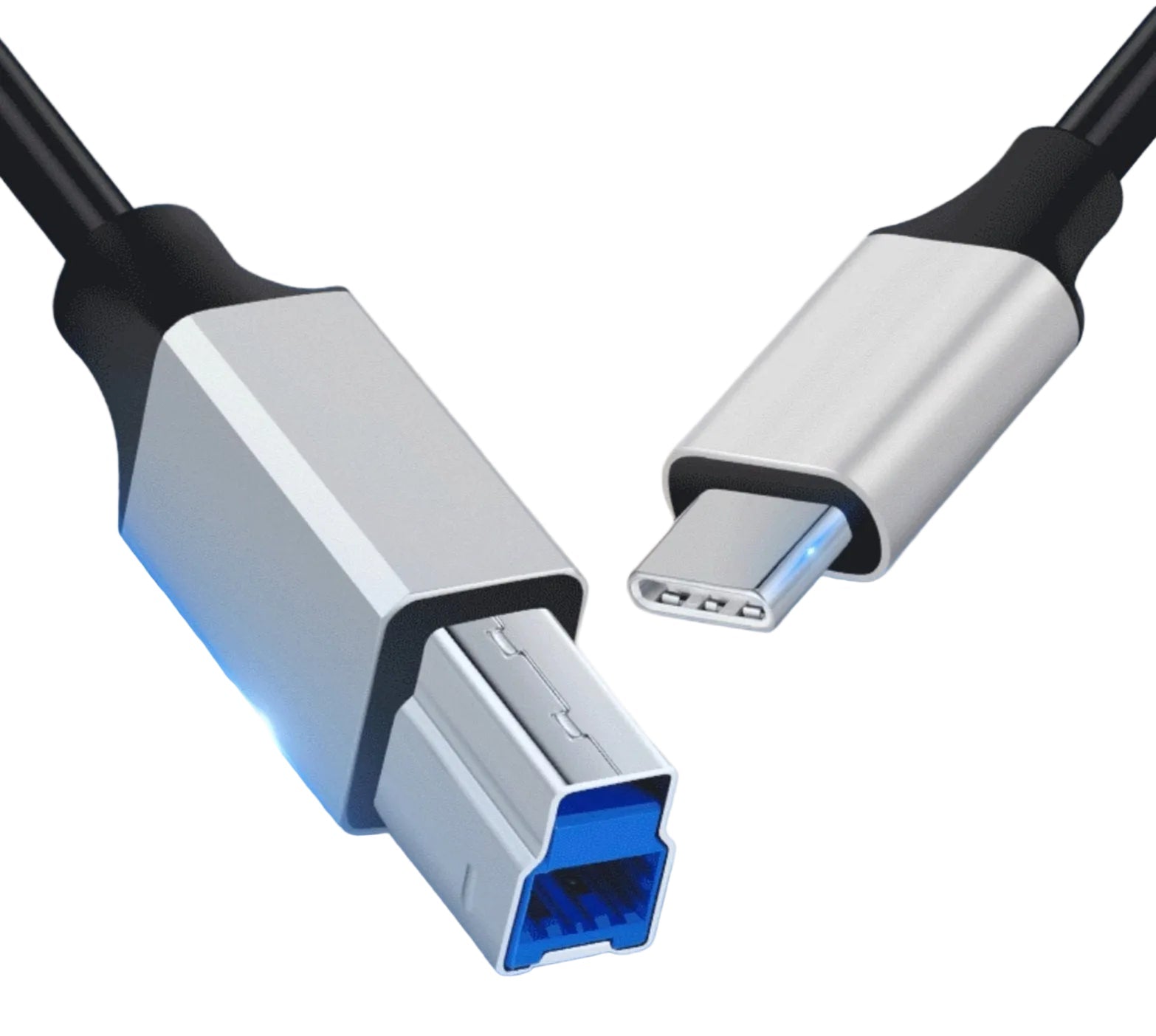 Close-up of a USB cable with one end featuring a blue connector and the other end featuring a silver connector.