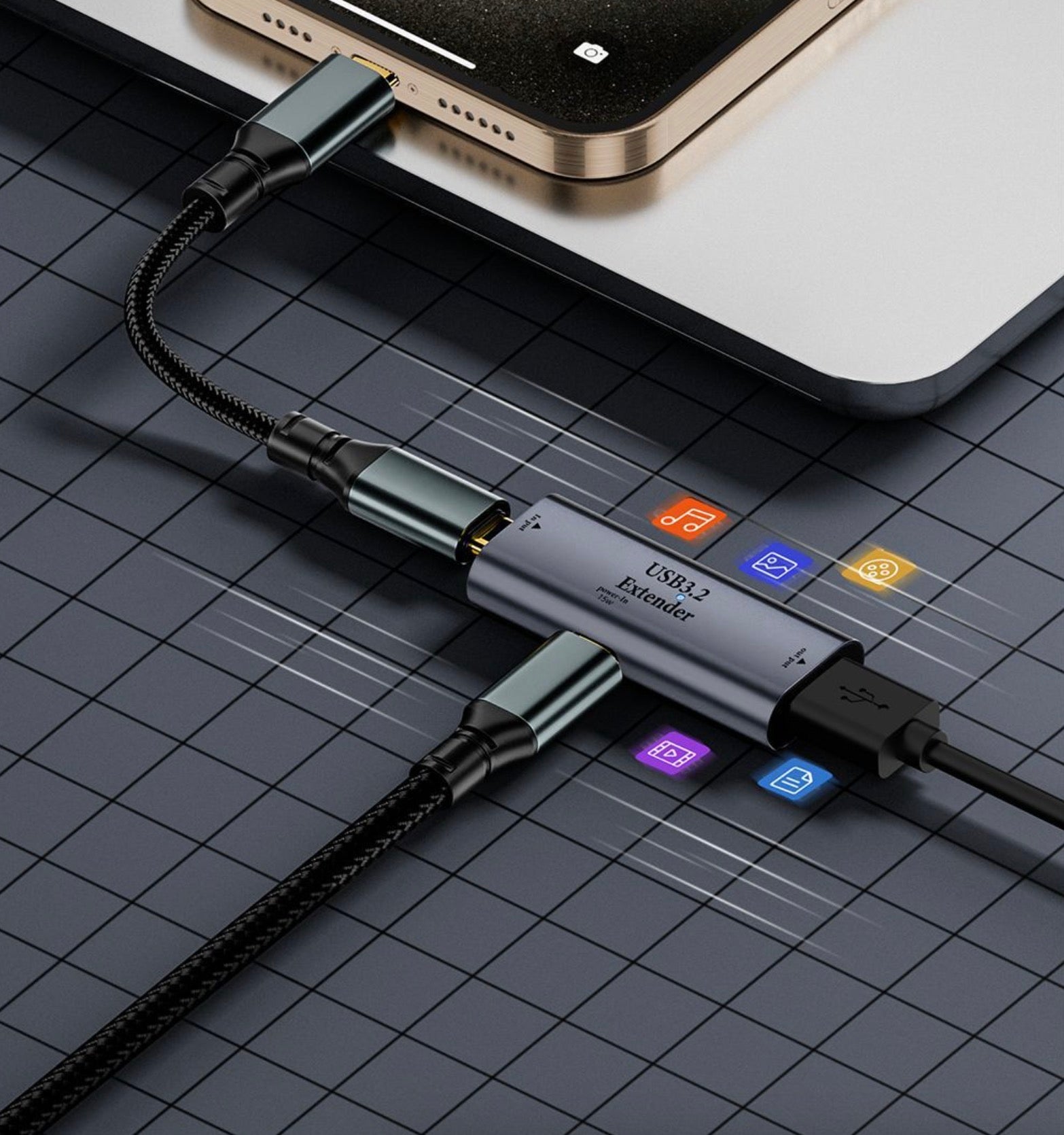 USB-C active repeater adapter connected in a desktop computer setup