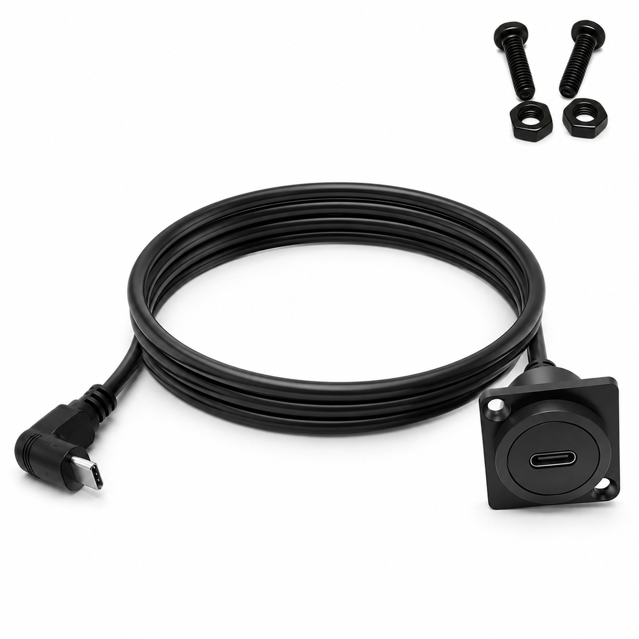 Black USB-C to USB-A adapter cable with a right-angle plug and mounting hardware, shown on a white background.