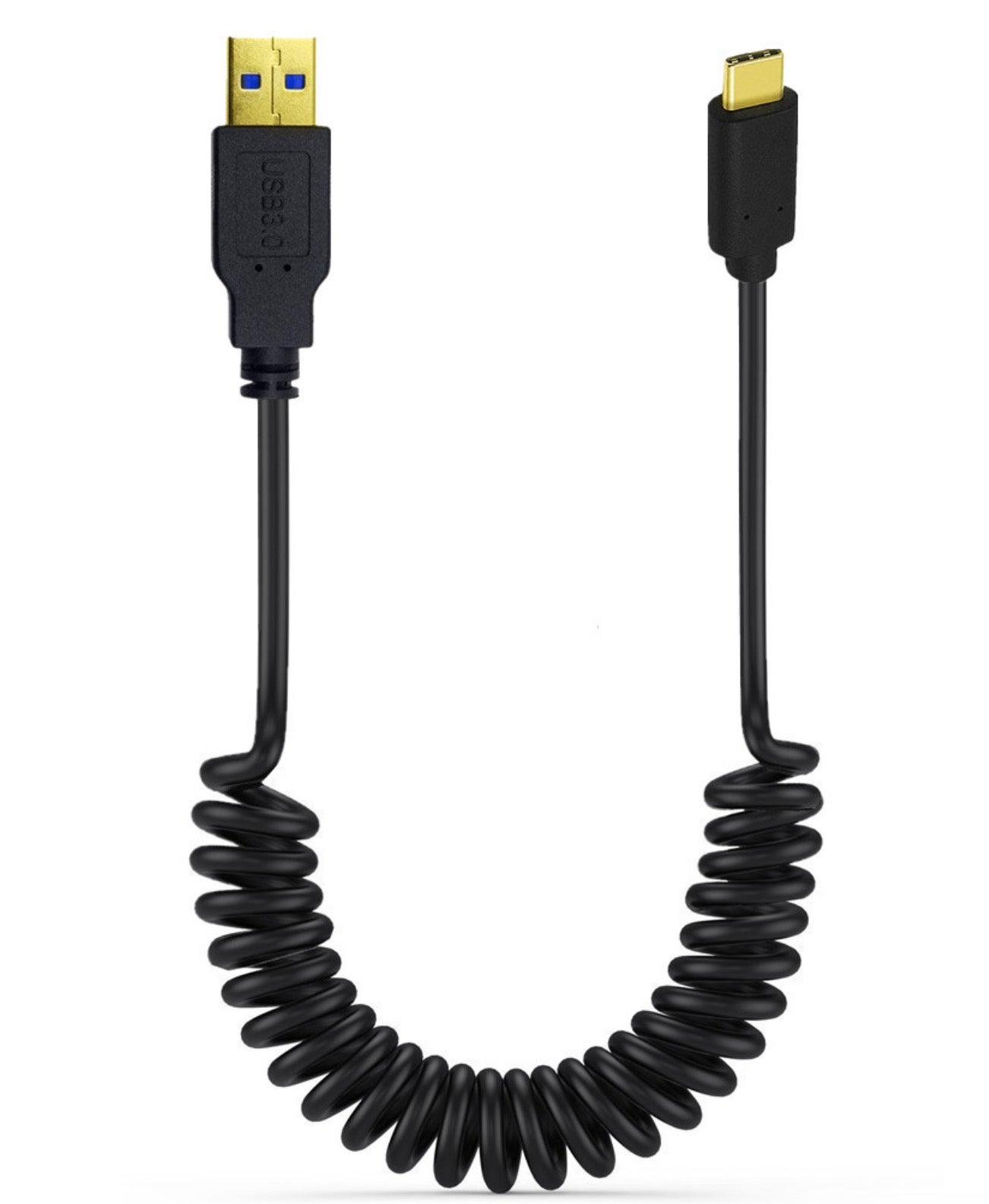 USB C to USB 3.0 coiled cable shown in extended configuration