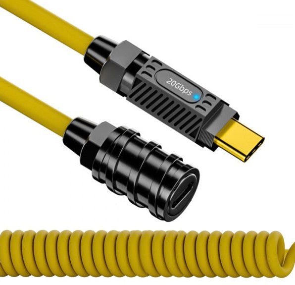 USB C male and female connectors on coiled extension cable