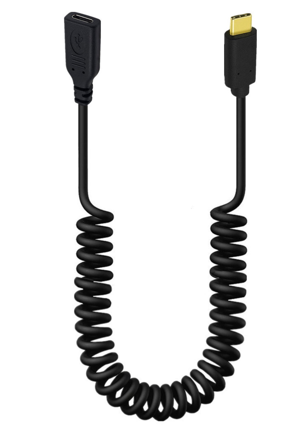 USB C coiled extension cable shown extended for flexible device connectivity