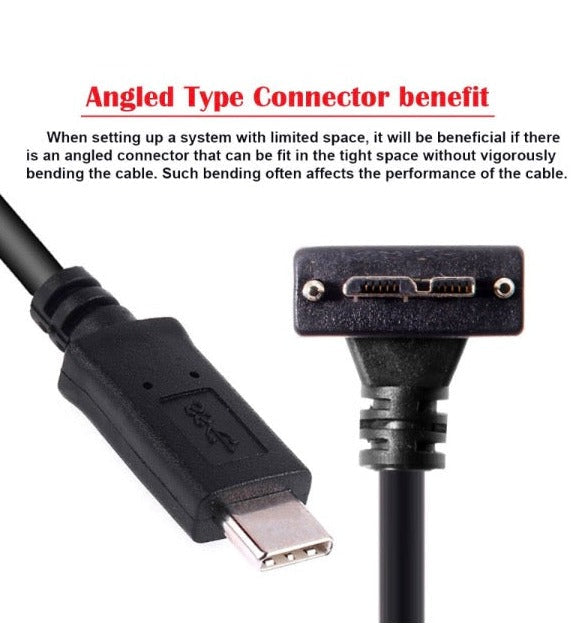 Angled type connector with text explaining its benefits for limited space setups