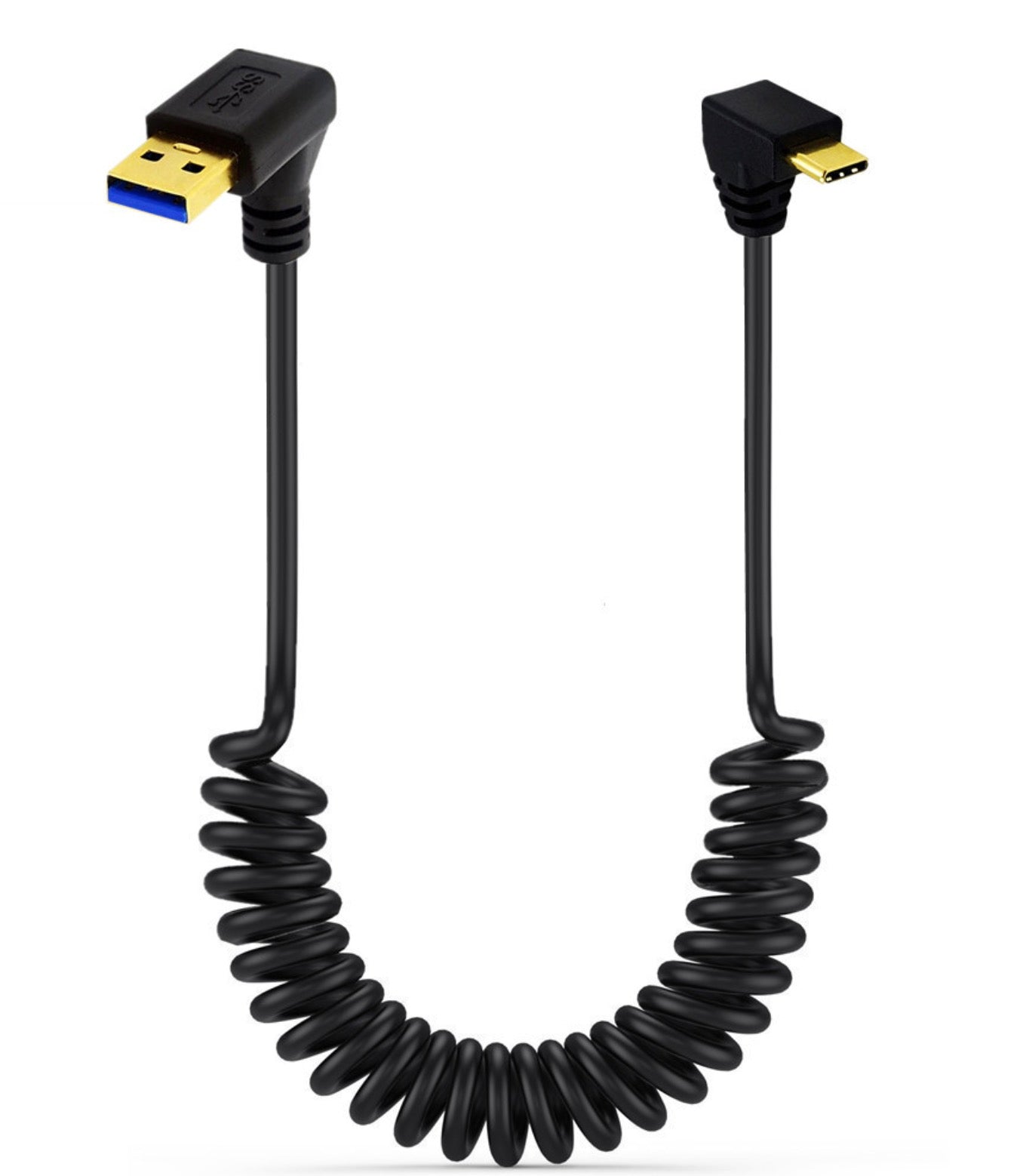 USB C down angle connector and USB 3.0 connector on coiled cable