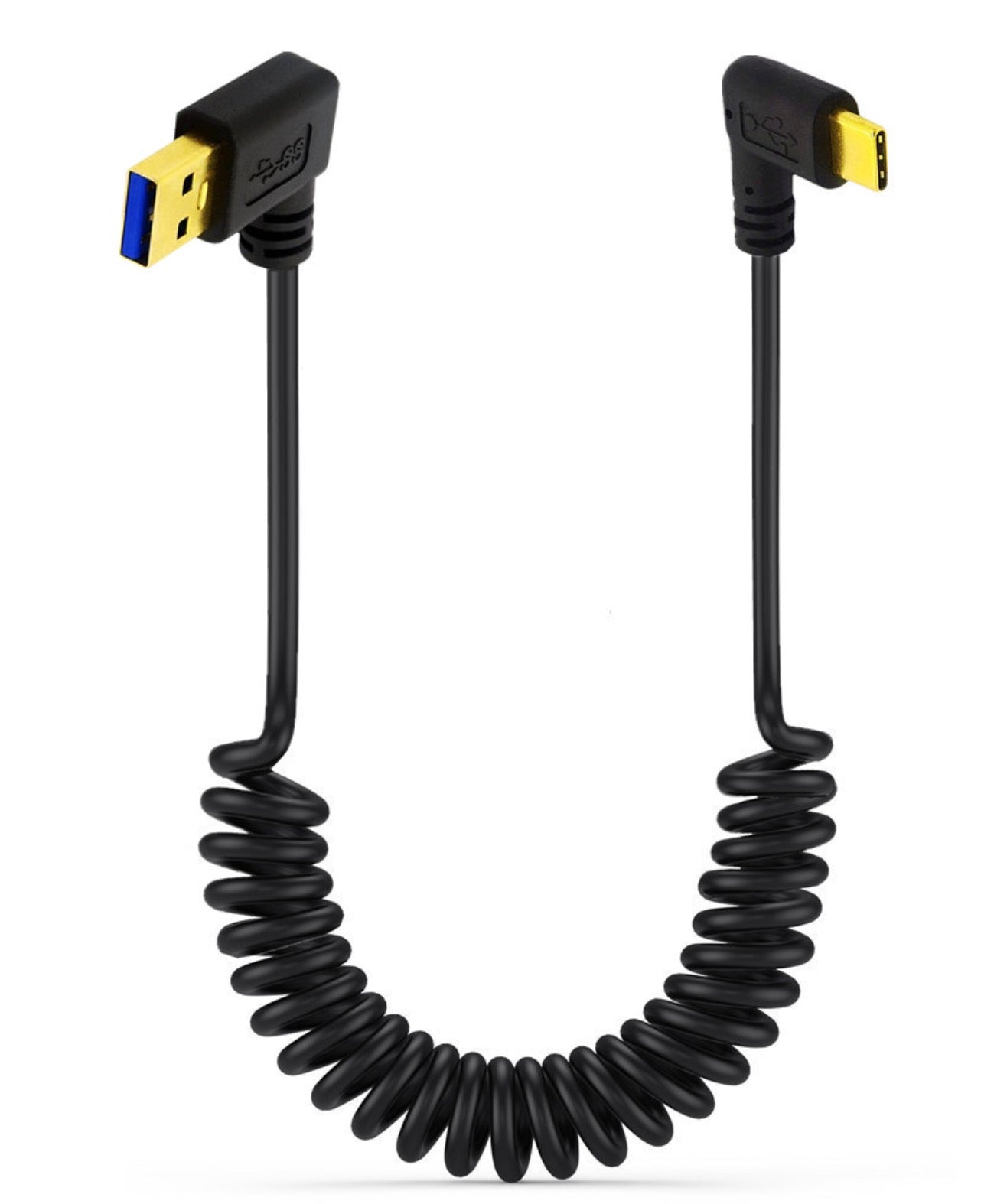 USB C left angle connector and USB 3.0 connector on coiled cable