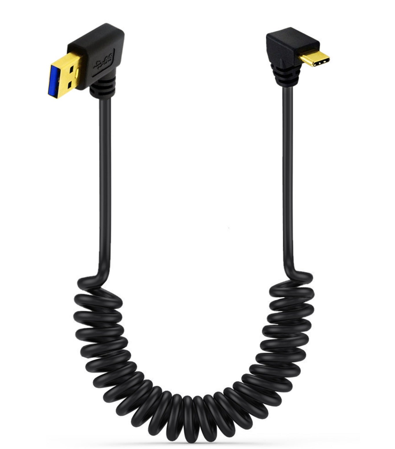 USB C left angle connector and USB 3.0 connector on coiled cable