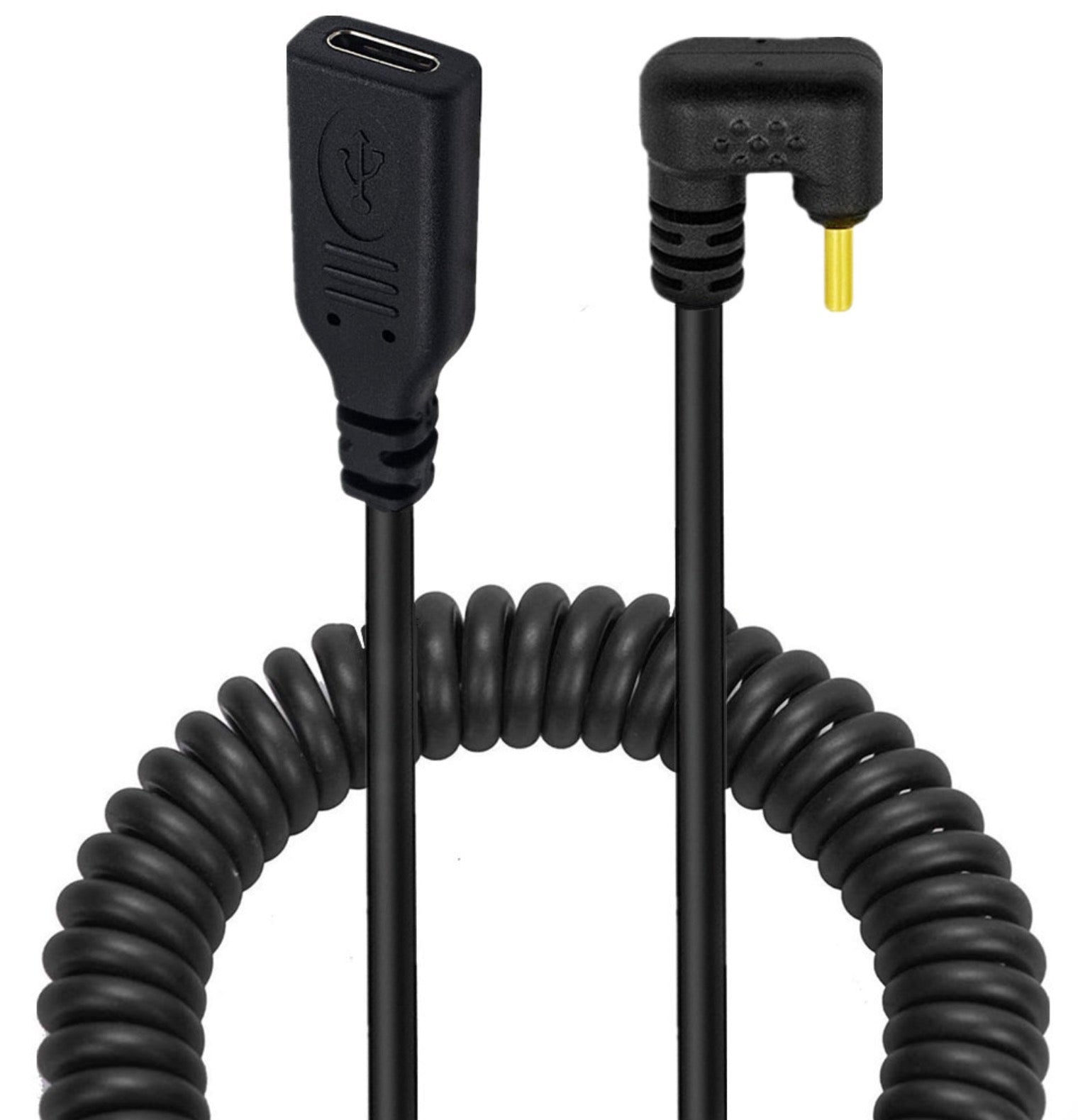 USB C male to female coiled extension cable with U shape USB C connector