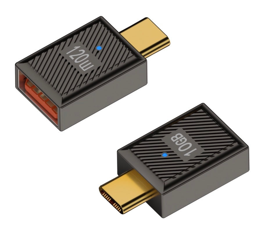 USB C male to USB 3.0 Type A female OTG adapter supporting 120W charging and 10Gbps data transfer