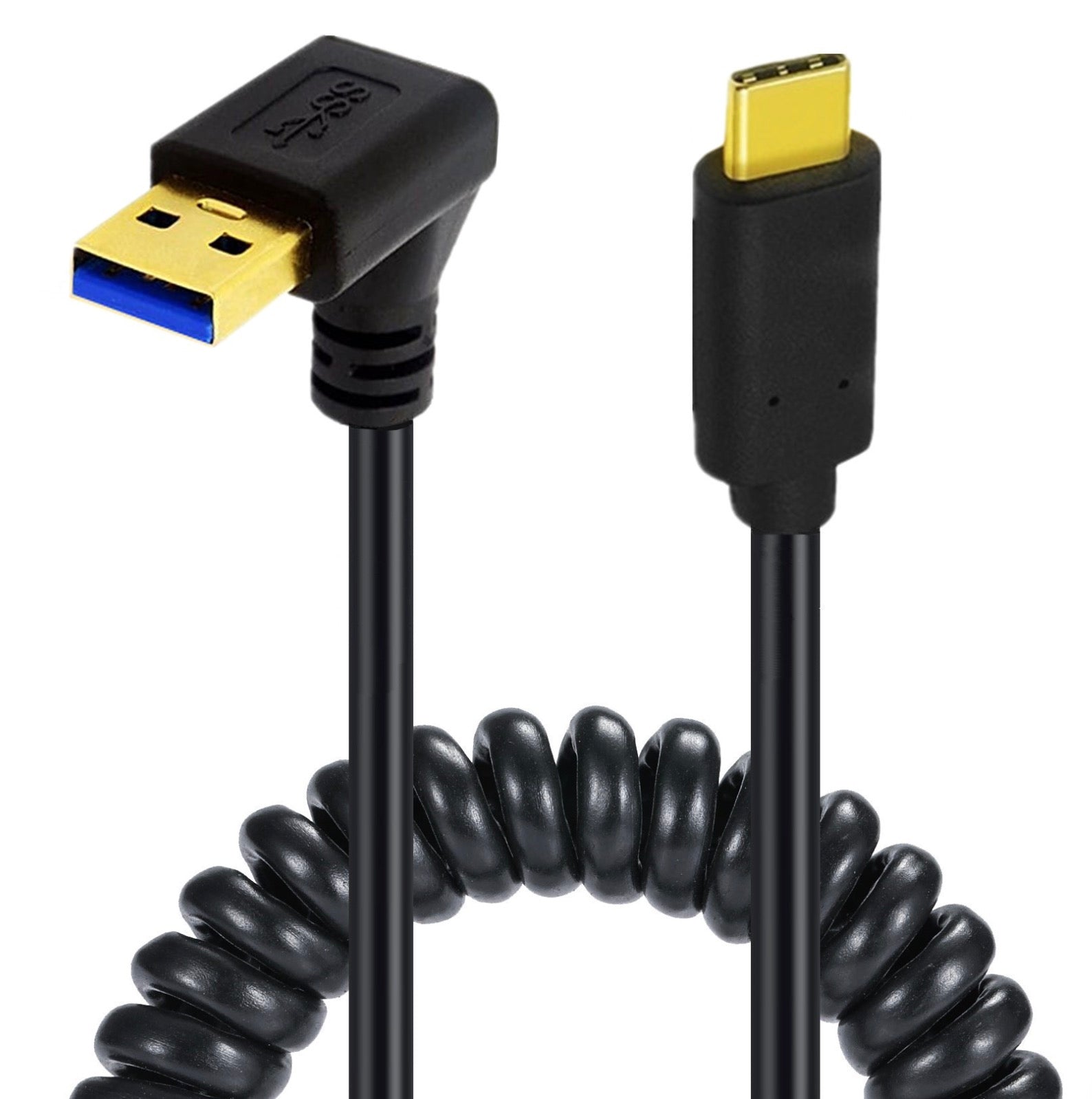 USB C male to USB 3.0 male coiled cable with down angle USB C connector