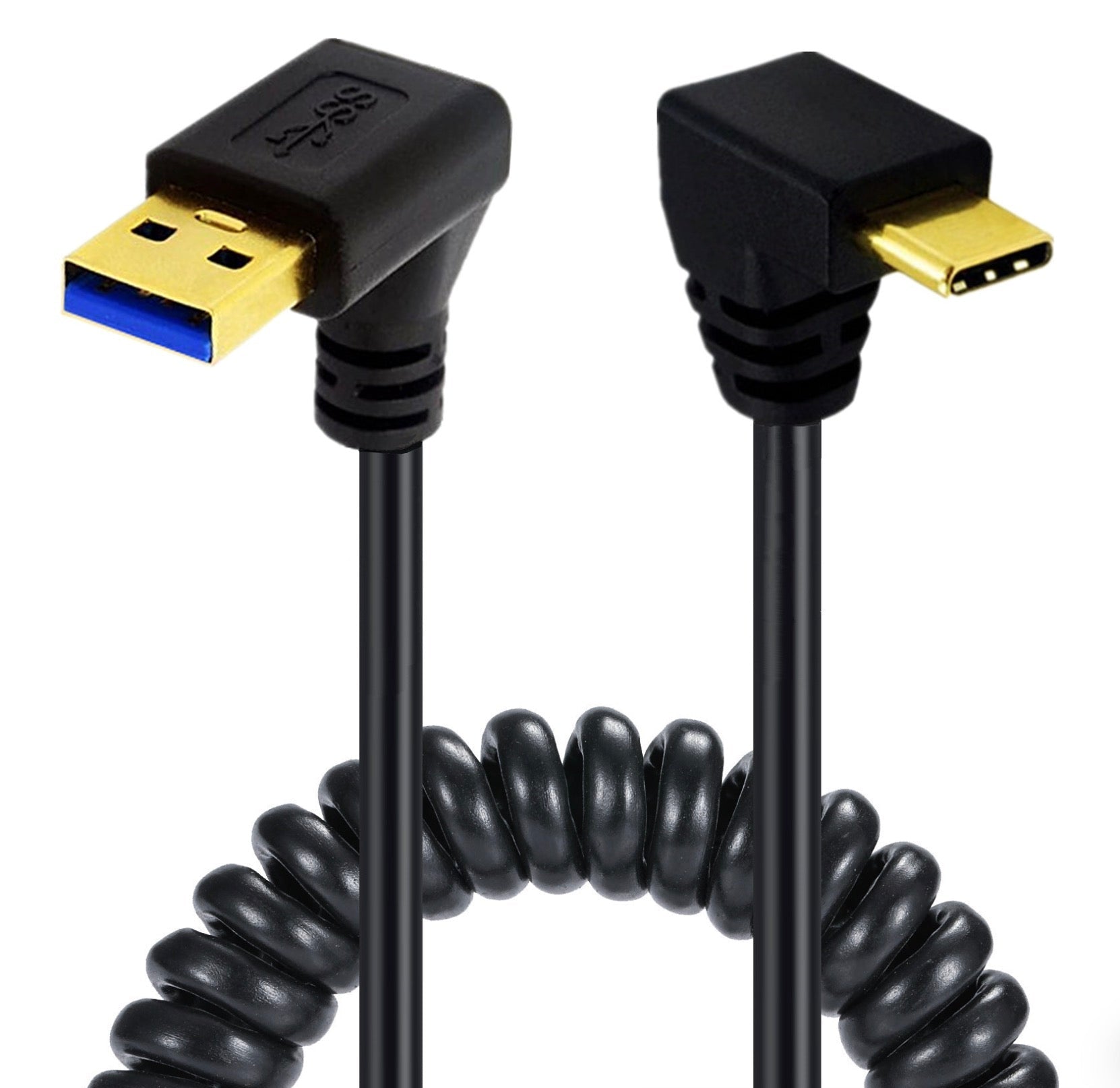 USB C male to USB 3.0 male coiled cable with down angle connector