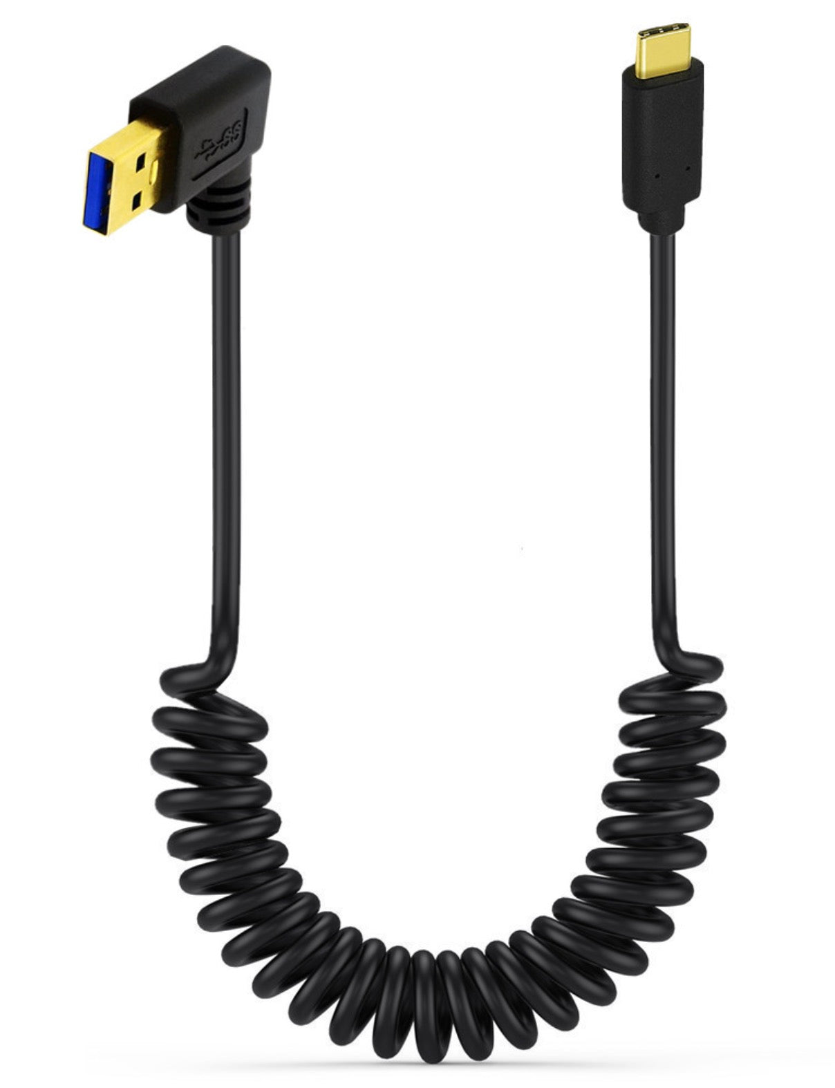 USB C left angle coiled cable shown extended for flexible charging and data connectivity