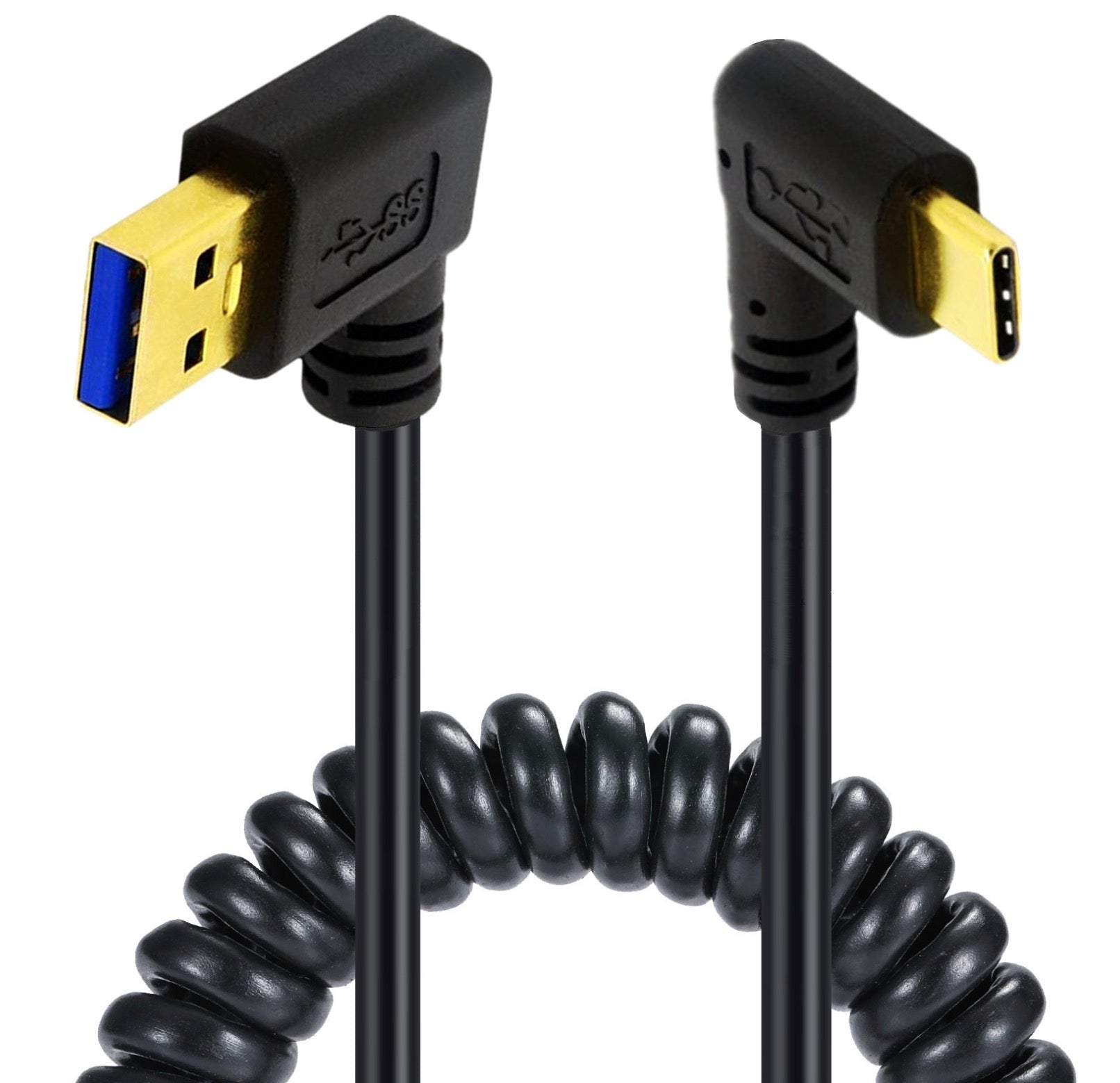 USB C male to USB 3.0 male coiled cable with left angle connector