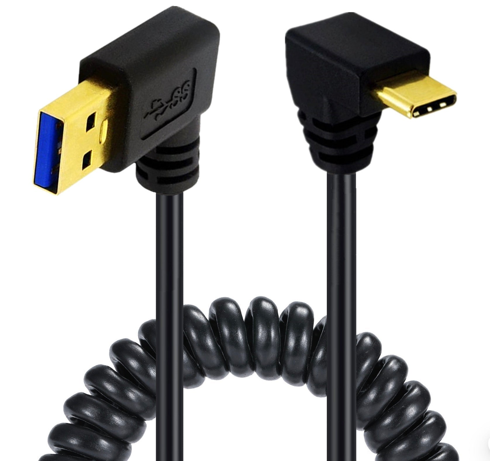 USB C male to USB 3.0 male coiled cable with left angle connector