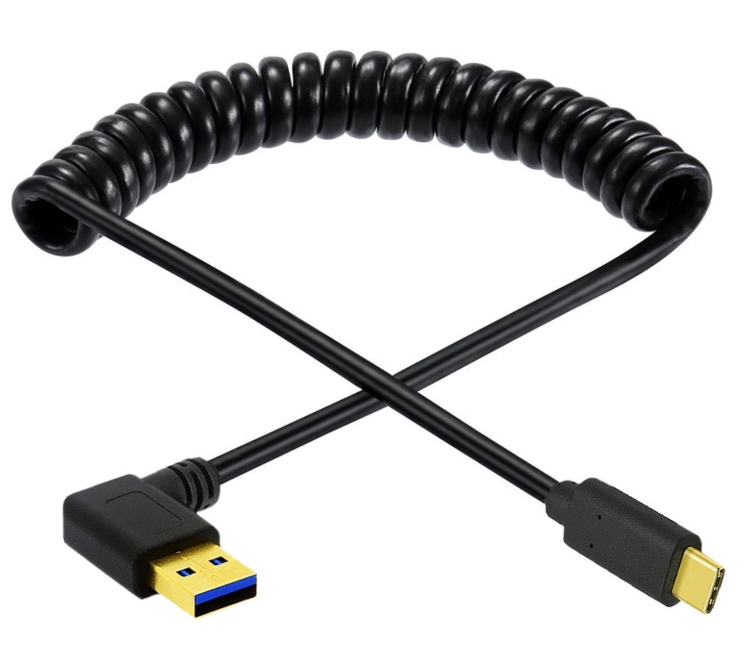 USB C right angle coiled cable shown extended for flexible charging and data connectivity