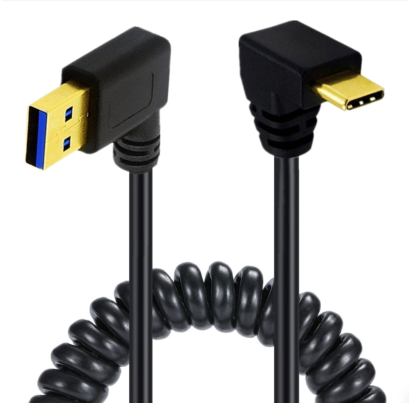 USB C male to USB 3.0 male coiled cable with right angle connector