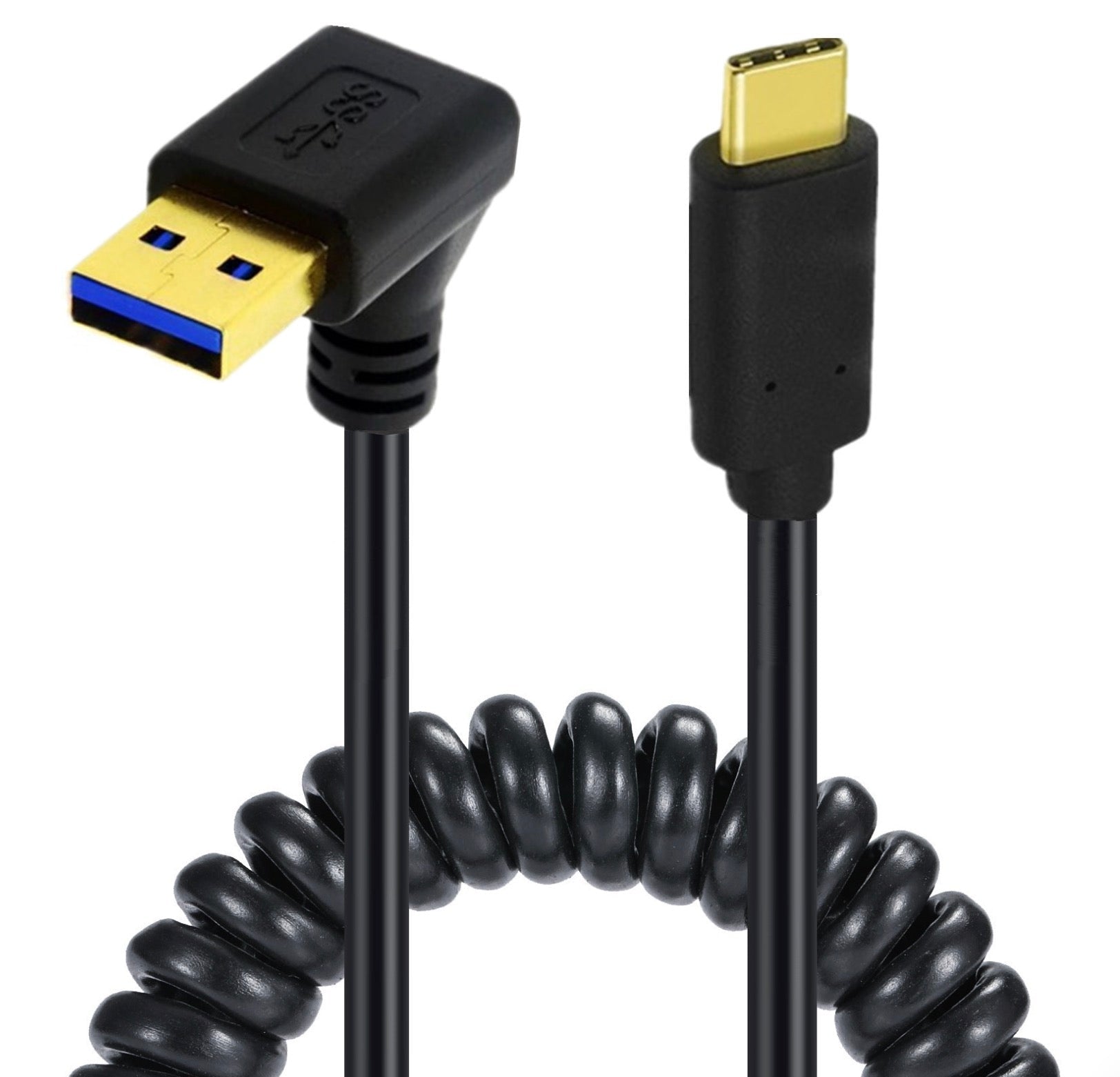 USB C male to USB 3.0 male coiled cable with up angle connector