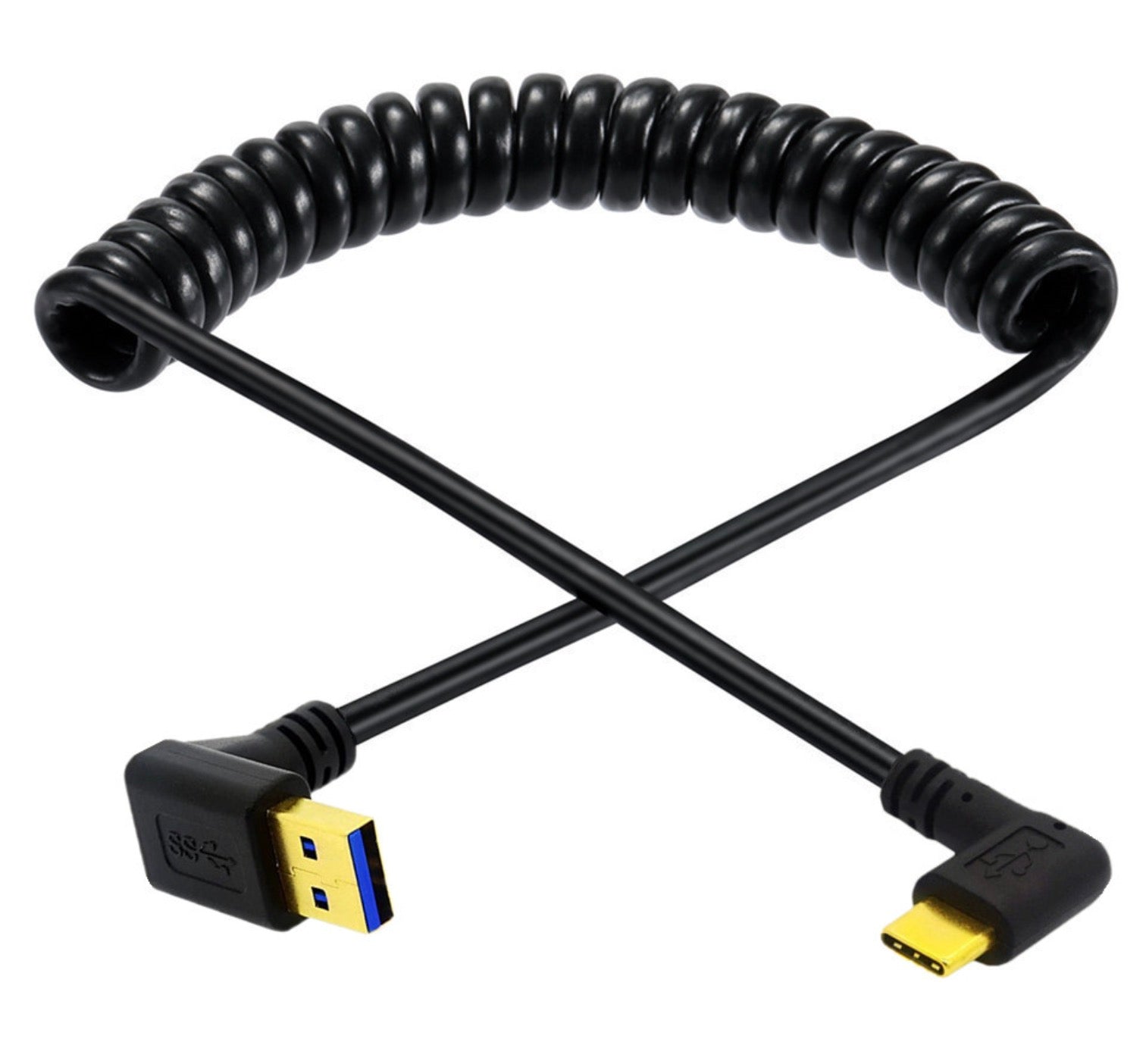 USB C to USB 3.0 coiled cable shown extended for flexible device connectivity