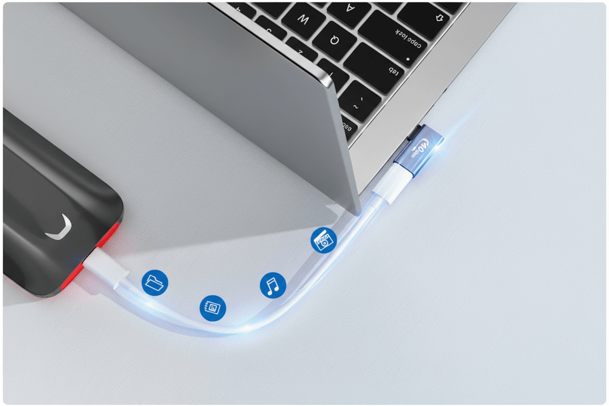USB drive connected to a laptop with text indicating transfer speed and file transfer time.