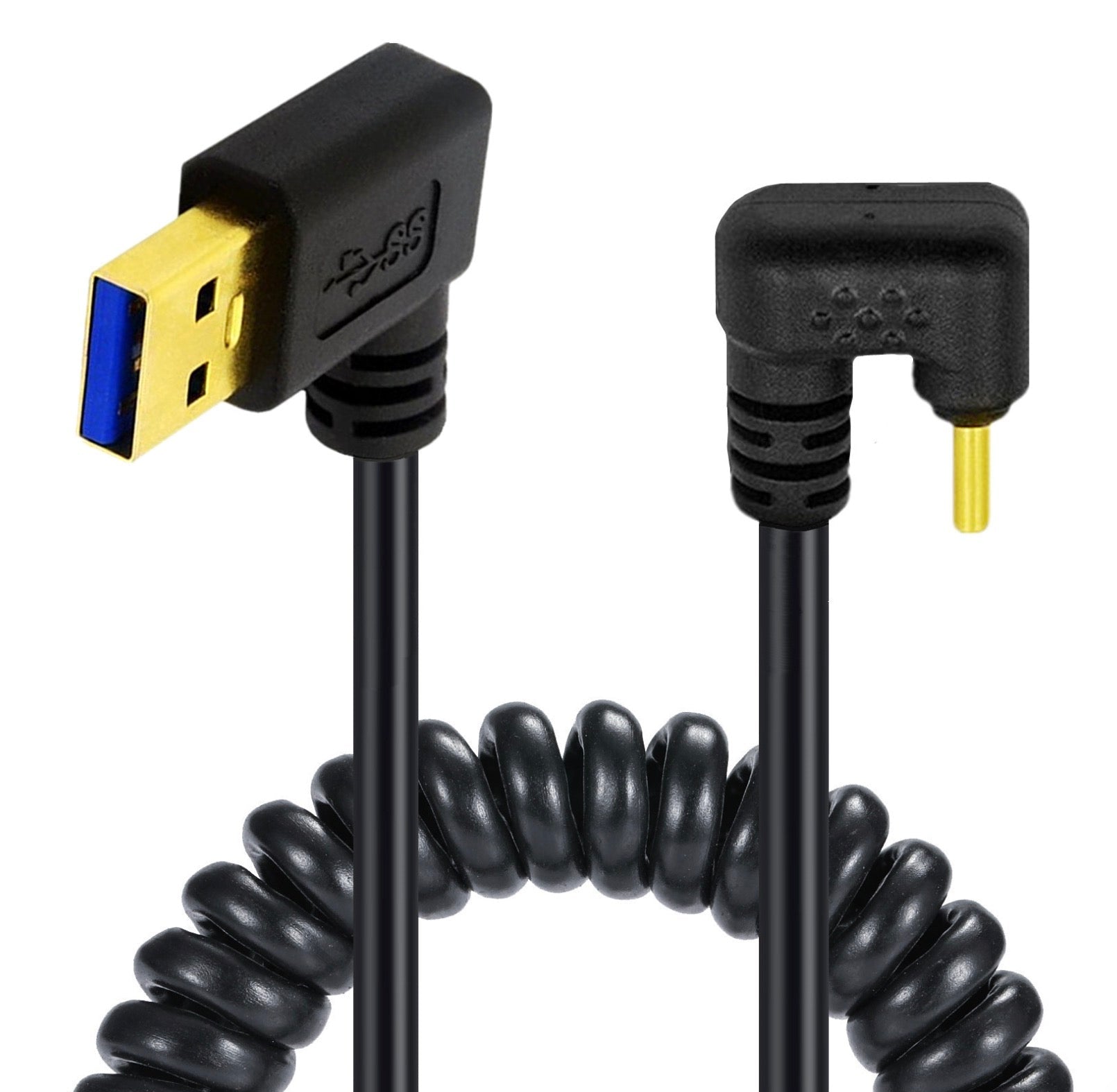 USB C male U shape left angle to USB 3.0 male coiled cable for charging and data transfer