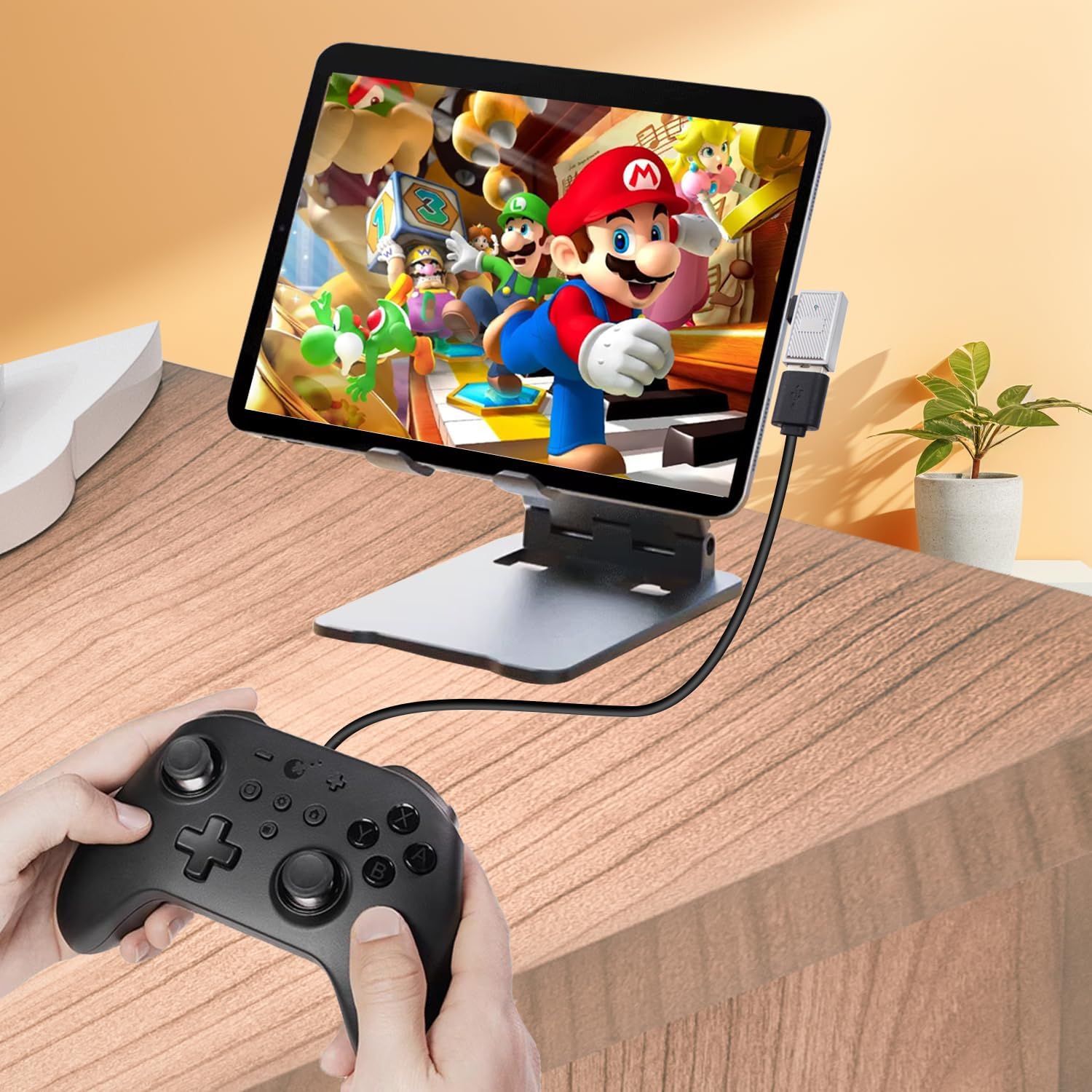 USB C OTG adapter connecting gaming controller and USB accessories to USB C devices