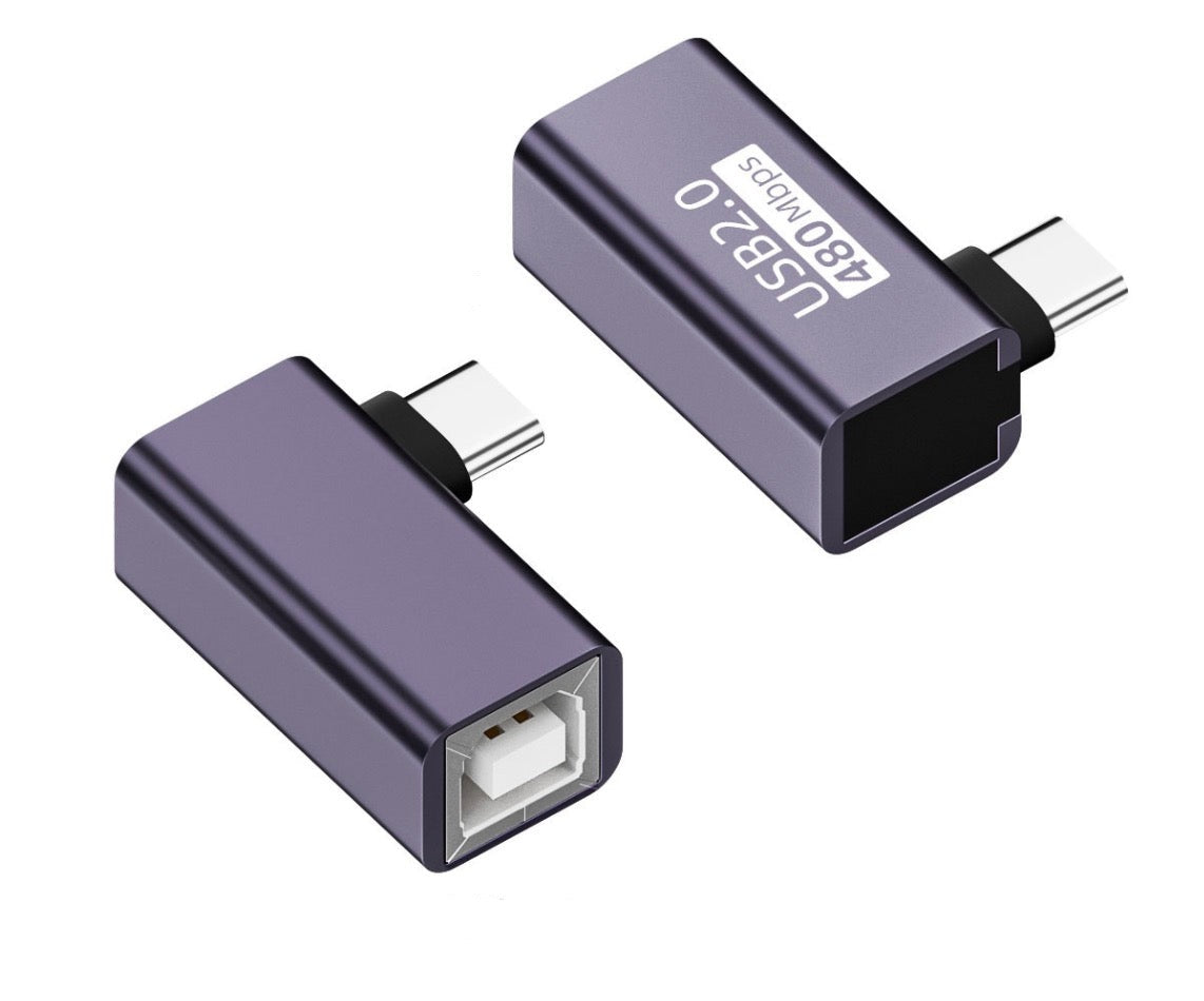 USB-C OTG angled male to USB Type B female adapter for MIDI keyboards and audio devices