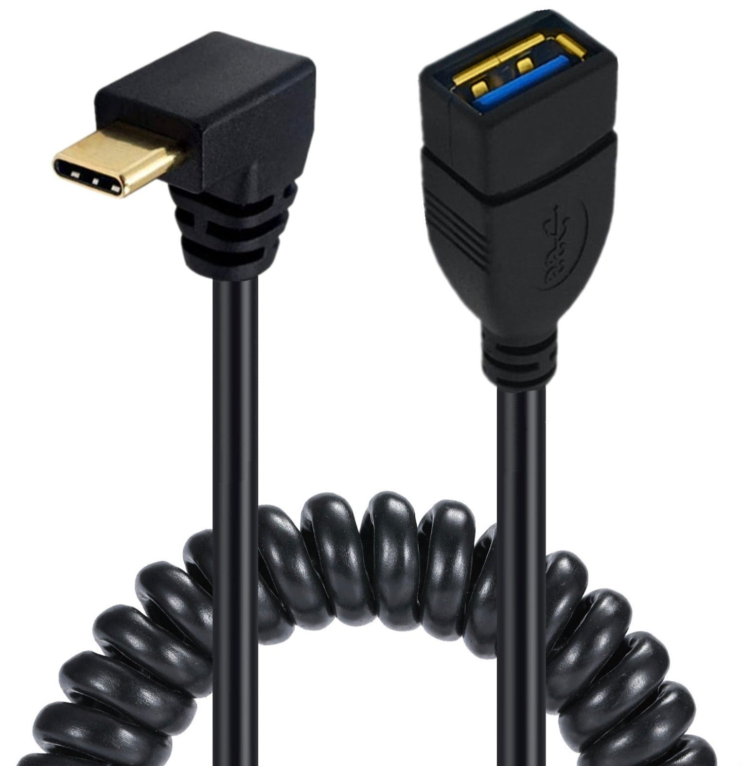 USB C OTG cable with USB A female connector and coiled design